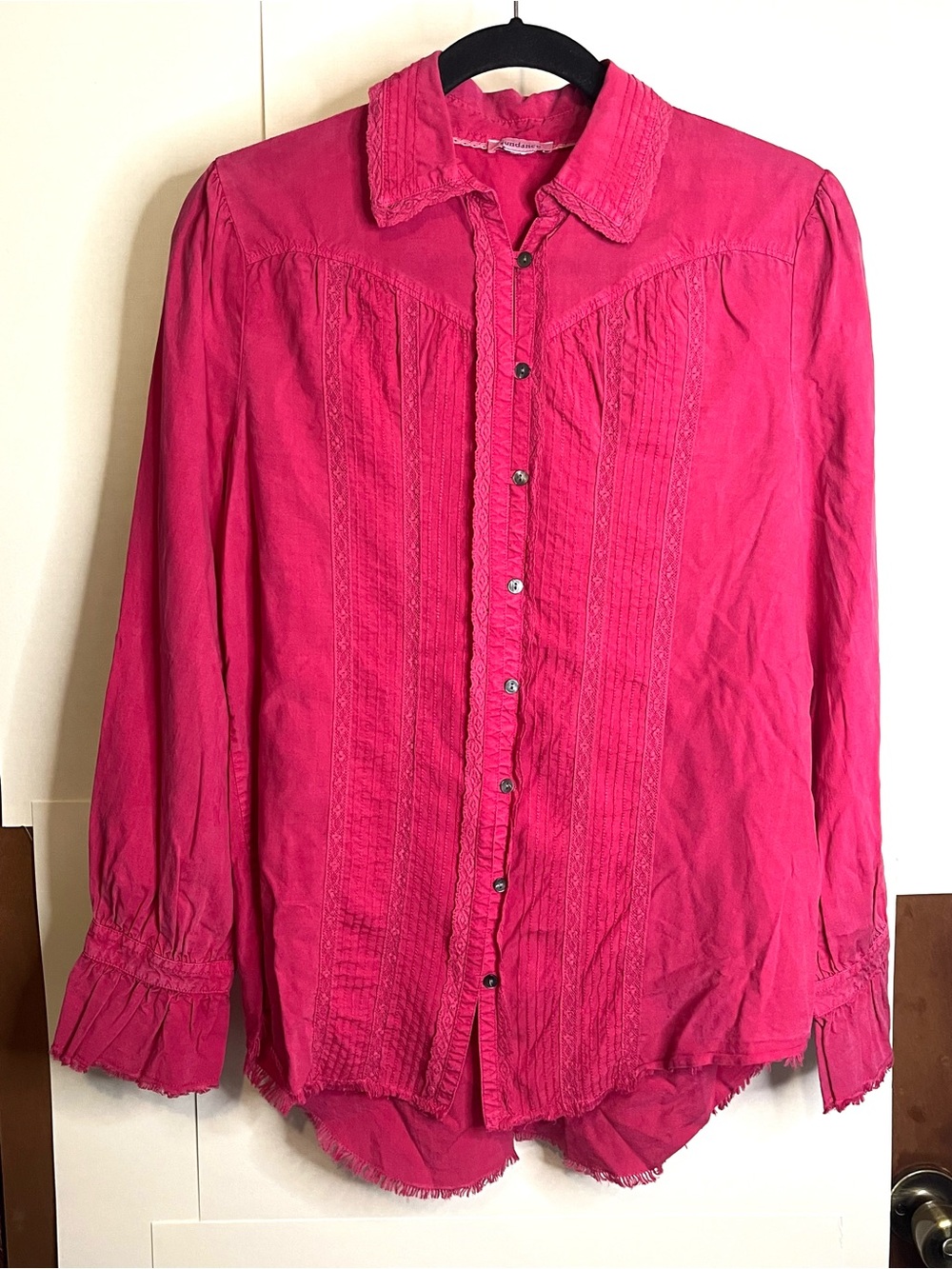 Sundance Bright Fuchsia Tencel Button-Front Blouse w/ Lace Trim & Raw Hem